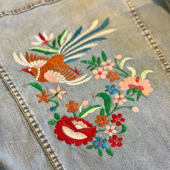 Custom Embroidered ASOS Denim Jean Jacket Light Blue Wash Bird Floral Size S - Picture 3 of 11